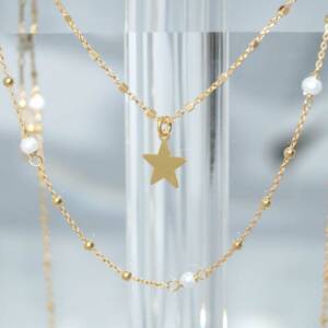 SX00993þCOLLIER DOUBLE ETOILE PERLE DORE