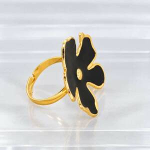 NJ00745þBague Fleur Graphique Noire en Acier Inoxydable Doré
