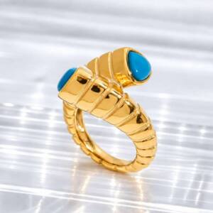 NJ00746þBague Méditerranée Turquoise en Acier Inoxydable Doré