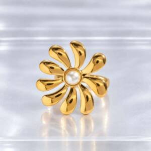 NJ00749þBague Ouverte Fleur Solaire & Perle en Acier Inoxydable Doré