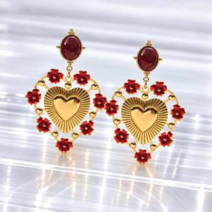 NJ00787þBoucles d’Oreilles Cœurs Précieux Rouge Rubis en Acier Inoxydable Doré