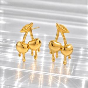 NJ00791þBoucles d’Oreilles Cerises Couture en Acier Inoxydable Doré