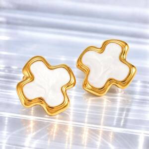 NJ00793þBoucles Trèfle Nacré en Acier Inoxydable Doré
