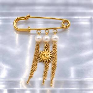 NJ00854þBroche Épingle Soleil & Pompons Dorés