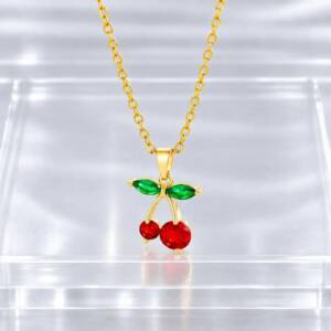 NJ00887þCollier Trio de Cerises Scintillantes Doré