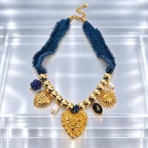 NJ00905þCollier Foulard Denim Cœur Porte-Bonheur