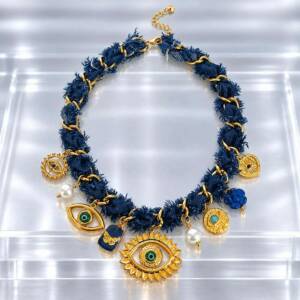 NJ00906þCollier Foulard Denim Œil Protecteur & Charms